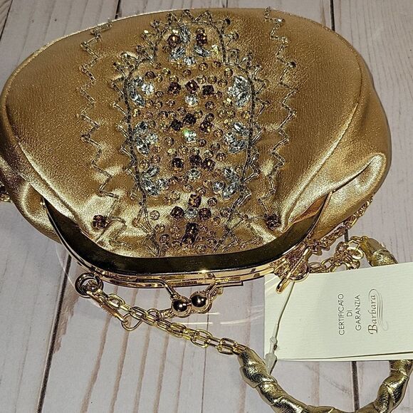 Gorgeous BARBARA Pelletarria Italy Clutch Satin Beaded  Bag  Gold NWT - Picture 8 of 13